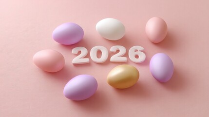 Colorful Decorative Eggs with 2026 Number on Soft Pink Background for Spring or Easter Celebrations