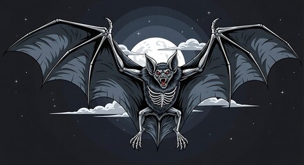 Giant Vampire Bat Monster Flying at Night – Dark, Spooky Vector Illustration Featuring Large Wings, Sharp Fangs, and Eerie Moonlit Atmosphere