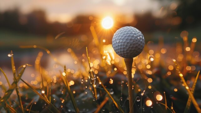 The golf club head and ball against the backdrop of the sunset create an atmosphere of relaxed leisure and an athletic lifestyle.