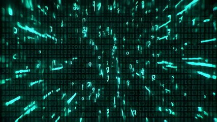 Abstract digital display with turquoise characters on a dark grid - Powered by Adobe
