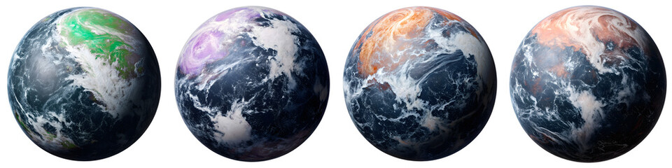 Four globes show different views of the earth from space isolated on transparent background