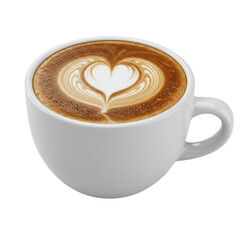  White Cappuccino Cup with Heart Latte Art, Front View, isolated PNG