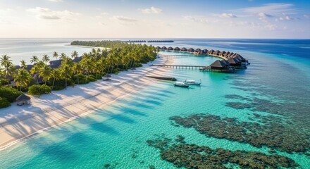 Tropical island resort with a long white sand beach fringed by palm trees numerous overwater bungalows connected by wooden jetties and clear turquoise ocean revealing coral reefs