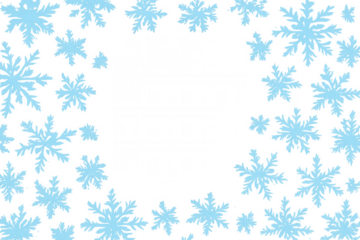 Blue snowflakes falling, creating winter border frame on transparent background, cold weather concept