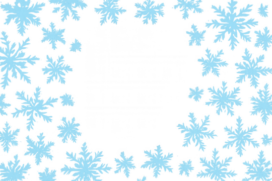 Blue snowflakes falling, creating winter border frame on transparent background, cold weather concept