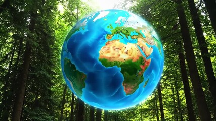 A globe suspended amidst a lush forest