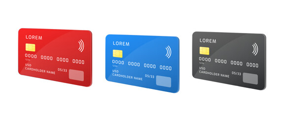 Realistic credit cards. Debit bank card mockup template for atm, nfc chip contactless payment digital money red blue black design world pay plastic set 3d vector illustration