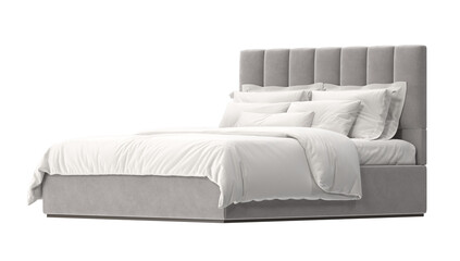 A beautifully designed bed with a gray upholstered headboard and frame, complemented by crisp white linens and pillows, creating a serene and inviting atmosphere.