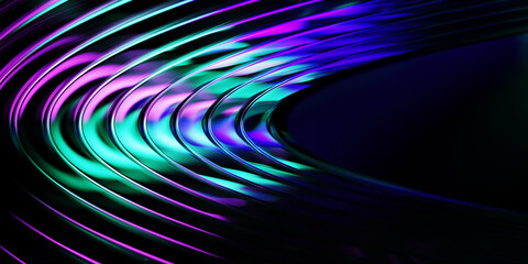 Neon light effect speed line glow circle ring. Abstract energy wave or magic trail flare in radiant colors with purple green gradient on dark blue 3d background. Futuristic technology. 3D illustration