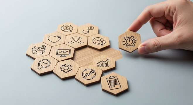Photo of a hand places a hexagonal wooden tile with a gear and clock icon into a cluster of similar tiles representing business concepts