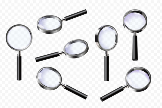 Realistic magnifying glass. 3d magnifier angles view, magnify lens for zoom focus effect vintage loupe detective spy equipment search paper document, set exact vector illustration