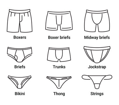 Mens underwear types. Male underpants different type pictogram, boxer shorts bikini slip jockstrap trunks bikini string thong briefs man pants panties, kicky vector illustration