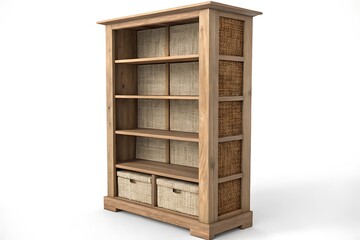 Ornate wooden bookshelf with woven storage baskets and decorative lattice panels