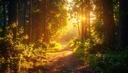 Fototapeta premium Sun Drenched Forest Path at Sunrise with Glistening Sunlight and Vibrant Green Foliage with Cinematic Lighting and Ultra Sharp Detail