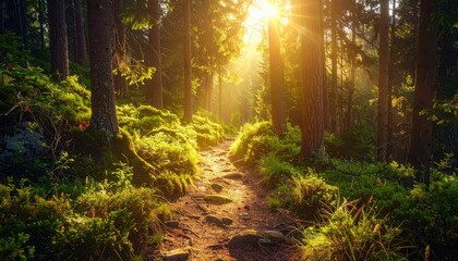 Obraz premium Sun Drenched Forest Path with Golden Light Filtering Through Trees in a Vibrant Nature Scene