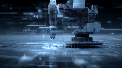 Digital rendering of a robotic arm in a high-tech industrial environment with grid overlays and futuristic interface elements