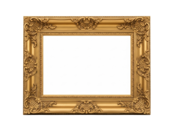 Empty, highly detailed, ornate Baroque-style antique gold picture frame with intricate leaf carvings, clean blank interior on pristine transparent background, soft studio light. Concept of versatile