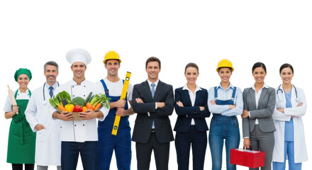 Diverse smiling professionals (chefs, construction, business, medical, housekeeper) with props, standing side-by-side on transparent studio background, concept of professional unity