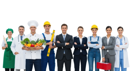 Diverse smiling professionals (chefs, construction, business, medical, housekeeper) with props, standing side-by-side on transparent studio background, concept of professional unity
