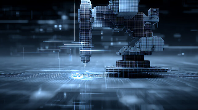 Digital rendering of a robotic arm in a high-tech industrial environment with grid overlays and futuristic interface elements