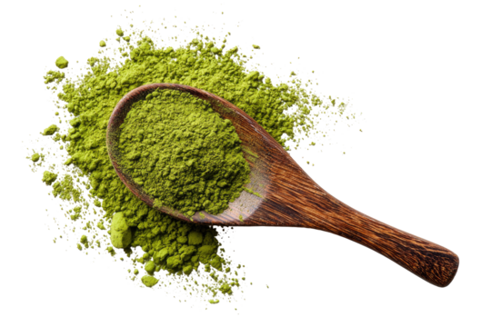 Green tea powder in wooden spoon
