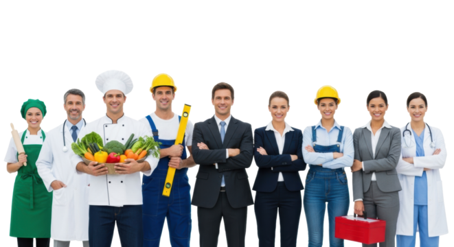 Diverse smiling professionals (chefs, construction, business, medical, housekeeper) with props, standing side-by-side on transparent studio background, concept of professional unity