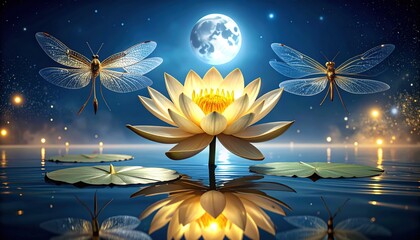 A luminous lotus blossom and dragonflies grace a tranquil night scene.