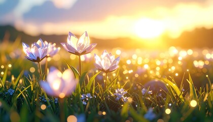 Delicate, translucent flowers bathed in golden sunlight, creating a serene and enchanting meadow scene at sunrise.
