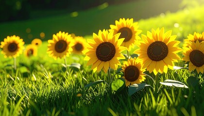 A field of vibrant sunflowers bathed in warm sunlight, showcasing a cheerful and sunny meadow scene.