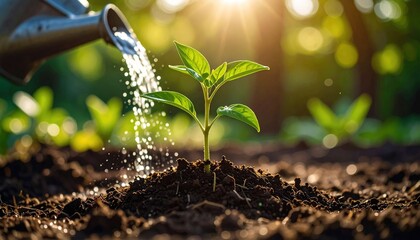A young plant is watered by a watering can in the sunlight, showcasing the concept of growth and nurturing.