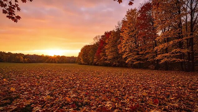autumn leaves covering a field at sunset creating a warm golden landscape ideal for seasonal backgrounds and thanksgiving promotions