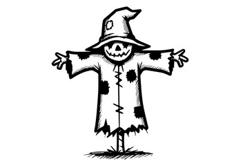 Scarecrow with a smiling face wearing a torn hat in a field  