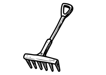 Garden rake tool in black and white illustration for gardening  