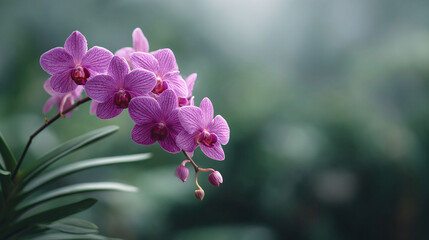 Fototapeta premium Closeup of delicate purple orchids against a soft, dreamy green background. Evokes serenity, beauty, and freshness. Ideal for wellness, spa, or natural product themes.