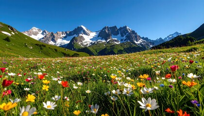 A vibrant meadow bursting with wildflowers of every hue, set against a backdrop of majestic snow-capped mountains under a clear, bright sky.