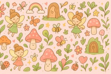 Seamless fairy garden cartoon pattern for kids with fairies, mushrooms, and butterflies in dreamy magical pastel colors for decor. Generative AI
