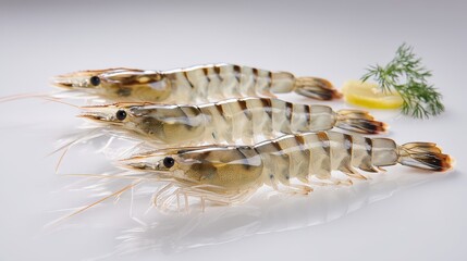 Naklejka premium High Gloss Studio Shot of Fresh Shrimp with Lemon Wedges and Dill Garnish on White Surface