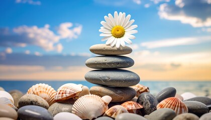 A tranquil scene of stacked stones, adorned with a delicate daisy, resting on a beach, showcasing the serene beauty of nature.