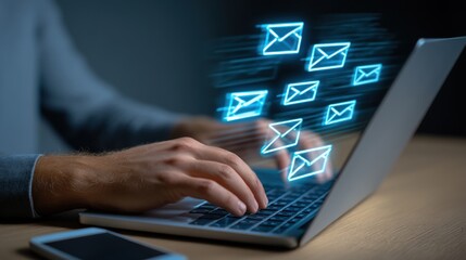 Hands Typing on Laptop with Neon Email Icons Floating Above in a Modern Office Setting