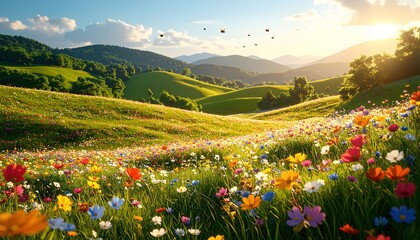 A vibrant meadow bursting with colorful wildflowers, set against rolling hills under a bright, sunny sky.
