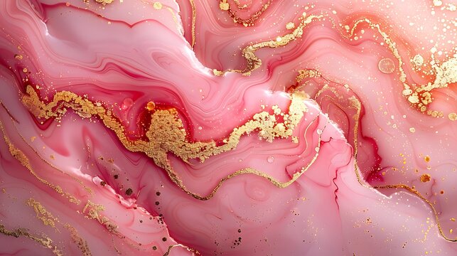 Abstract Pink Marble Texture With Golden Swirls and Glitter Effect