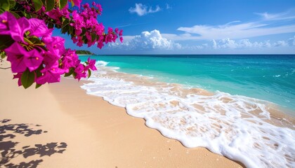 A vibrant tropical beach scene features bright pink bougainvillea flowers cascading over the sand, where gentle turquoise waves gently lap against the shore.