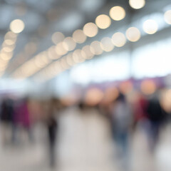 Obraz premium Blurred motion of people in a large hall, bokeh lights overhead. Abstract background perfect for web design, presentations, and atmospheric visuals.