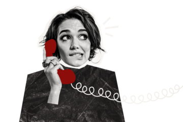 Composite trend artwork sketch image collage of monochrome silhouette young lady confused timid face hand hold landline phone support line