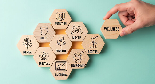 Photo of a hand places the final wellness hexagon tile, completing a diagram of holistic health components