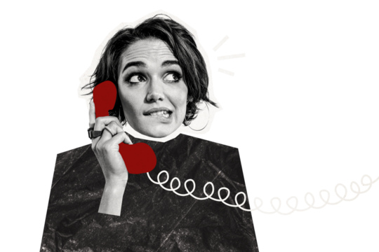 Composite trend artwork sketch image collage of monochrome silhouette young lady confused timid face hand hold landline phone support line - Powered by Adobe