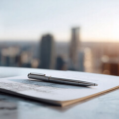 Fototapeta premium Pen resting on documents with a cityscape backdrop. Symbolizes strategy, planning, contracts, and deals. Perfect for finance, real estate, or business materials.