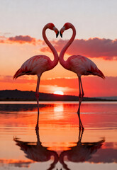 Fototapeta premium Two flamingos stand in a heart shape against a sunset.