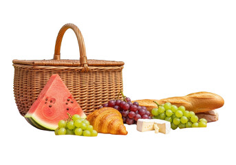 Classic wicker picnic basket, red/white gingham blanket, watermelon, red/green grapes, golden croissant, brie, baguette on vibrant green lawn, soft-focus trees, idyllic summer leisure