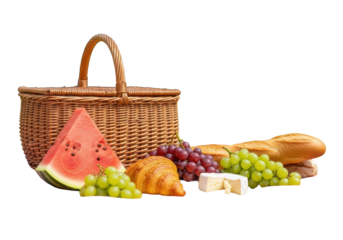 Classic wicker picnic basket, red/white gingham blanket, watermelon, red/green grapes, golden croissant, brie, baguette on vibrant green lawn, soft-focus trees, idyllic summer leisure